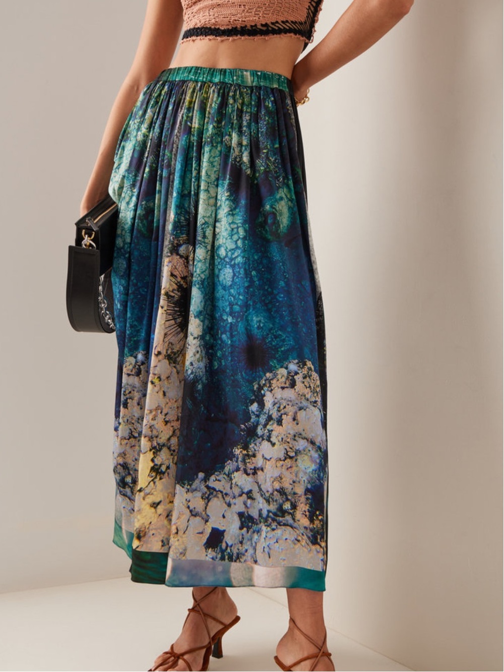 Diotima Peplos Printed Silk Charmeuse Maxi Skirt Green Ocean Undersea 11 S